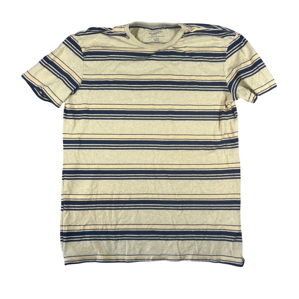 Quiksilver Mens Large Yellow Navy Blue Striped Cotton Regular Fit T-Shirt L